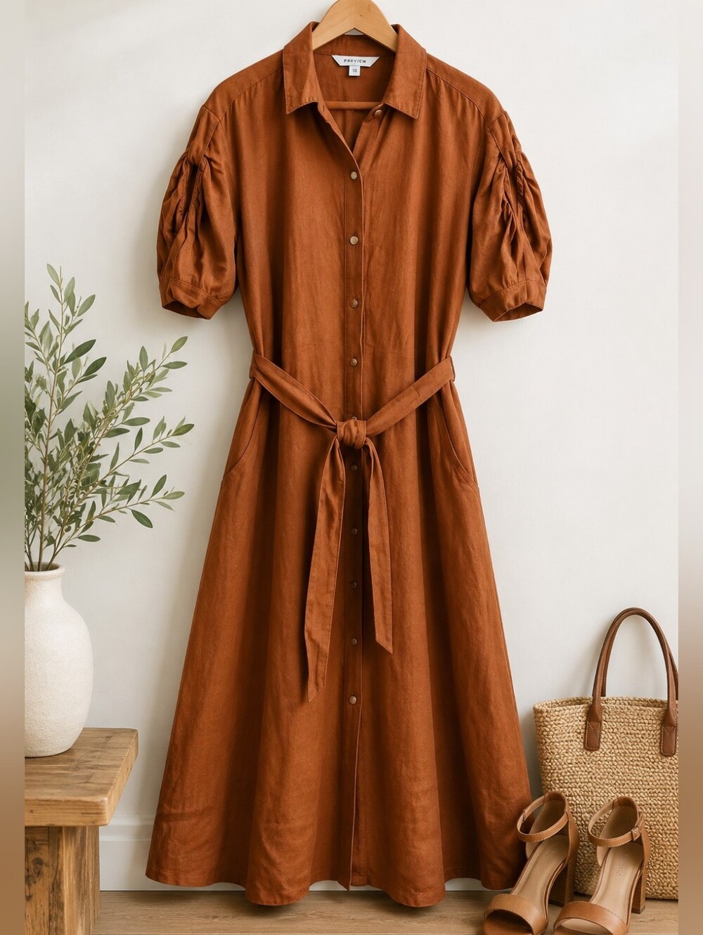 Preview Linen Blend Belted Shirt Dress – Size 10 – Rust/Cognac Br
